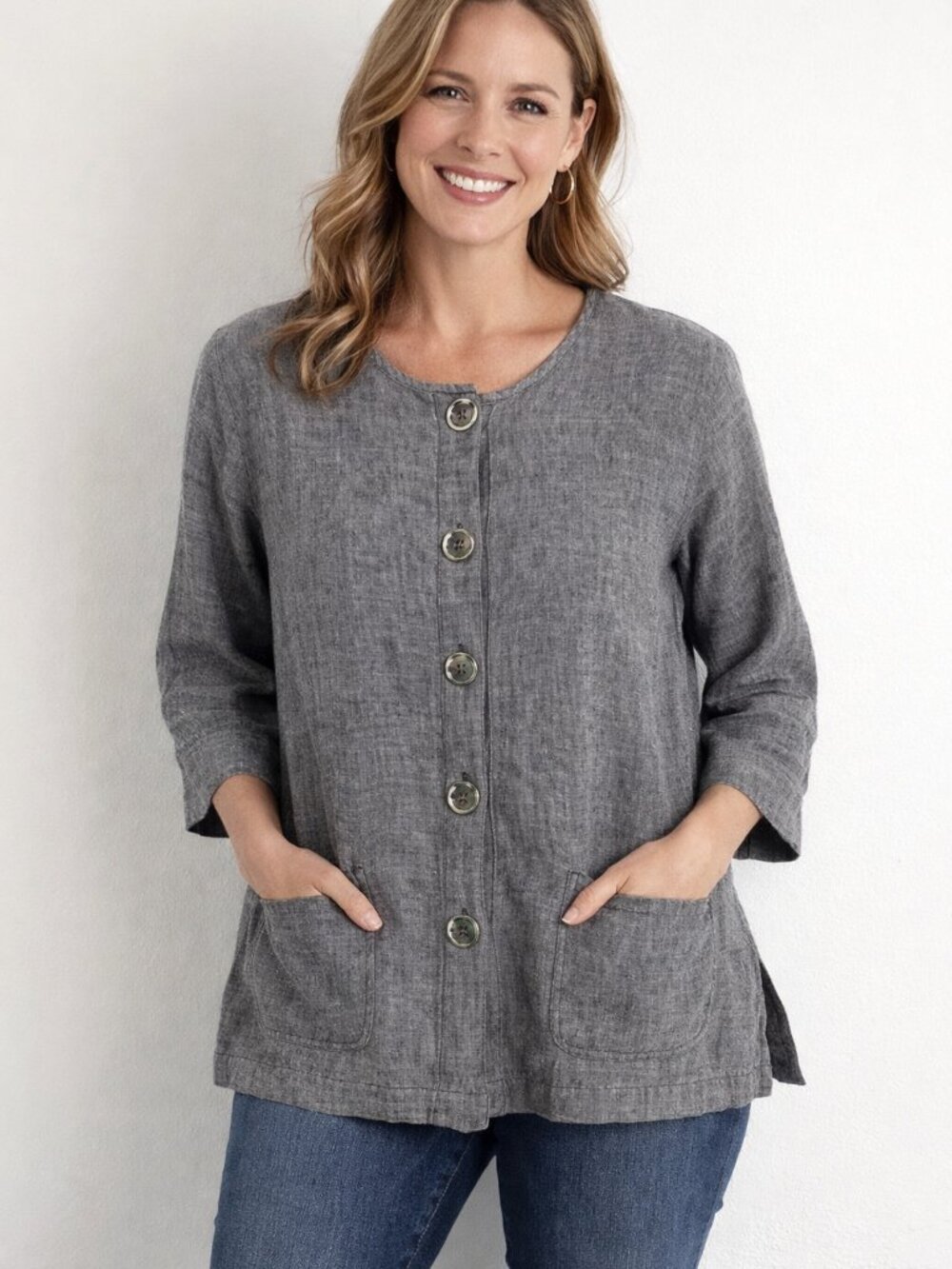 Mango Tango Womens Charcoal Grey‎ 100% Linen Button Front Top Made in Hawaii